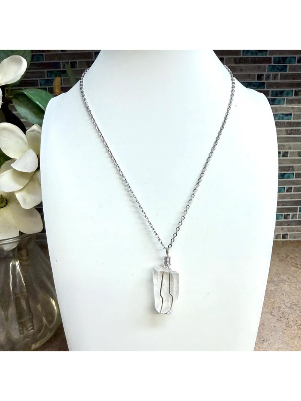 Natural Clear Quartz Crystal Pendant Necklace Wire Wrapped Silver Chain Reiki